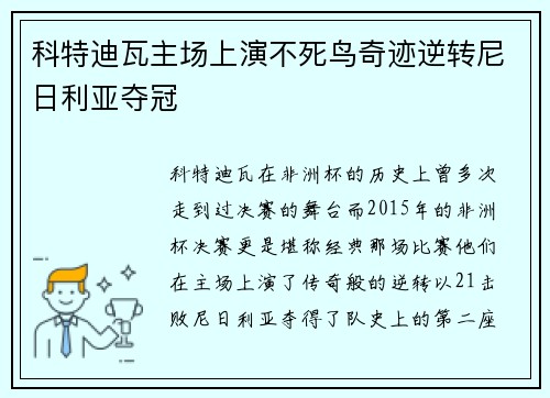 科特迪瓦主场上演不死鸟奇迹逆转尼日利亚夺冠 科特迪瓦主场上演不死鸟奇迹逆转尼日利亚夺冠