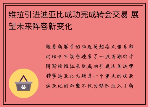 维拉引进迪亚比成功完成转会交易 展望未来阵容新变化