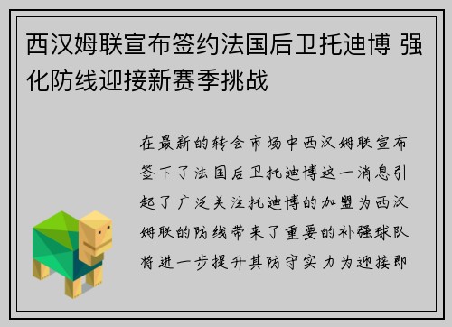 西汉姆联宣布签约法国后卫托迪博 强化防线迎接新赛季挑战