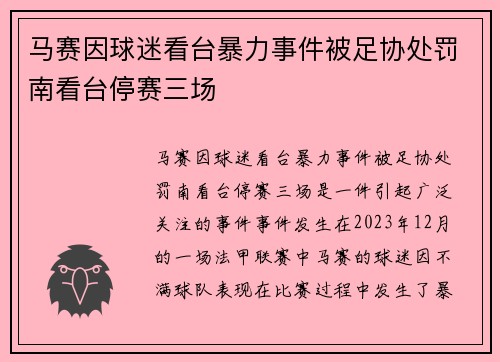 马赛因球迷看台暴力事件被足协处罚南看台停赛三场 马赛因球迷看台暴力事件被足协处罚南看台停赛三场