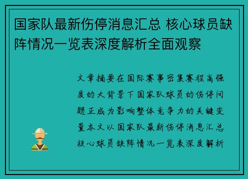 国家队最新伤停消息汇总 核心球员缺阵情况一览表深度解析全面观察